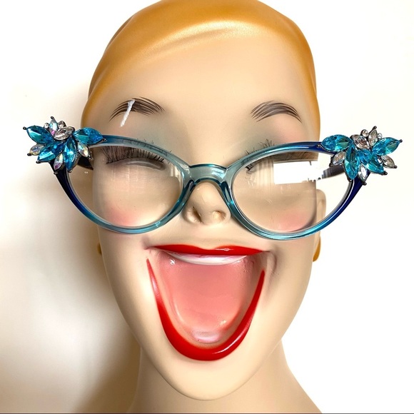 OOAK Vintage Vixen blue ombre frames with Turquoise rhinestones +.50 & +2.25 - Picture 2 of 9